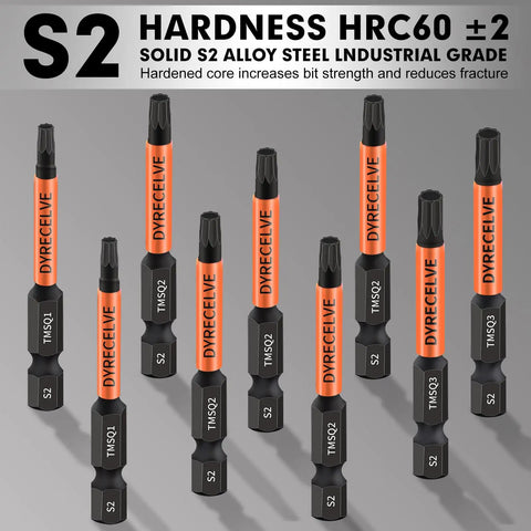 Premium 10 Pack 8 Point Torx Star And Double Square Bit Set With Magnetic Heads And Hex Shank, S2 Alloy Steel Bits Displayed