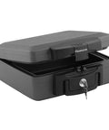 Fireproof And Waterproof Portable Safe Lock Box With Key Lock And Carrying Handle For Money Passport And Valuables Exterior Size 14.3 In W 13 In D 6.1 In H Travel Ready, open view showing key lock
