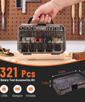 Hand holding a 321 Piece Rotary Tool Bits Set For Compatibility With A Wide Range Of Projects Including Grinding Sanding Carving Polishing And Cutting Includes Three Universal Collets For Quick Bit Changes