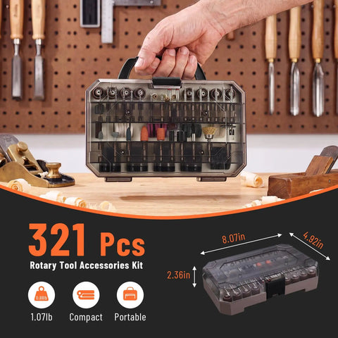 Hand holding a 321 Piece Rotary Tool Bits Set For Compatibility With A Wide Range Of Projects Including Grinding Sanding Carving Polishing And Cutting Includes Three Universal Collets For Quick Bit Changes