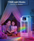 4 In 1 Personal Portable Air Conditioner And Humidifier, Mini Evaporative Cooler Fan with 7 RGB Light Modes next to tent
