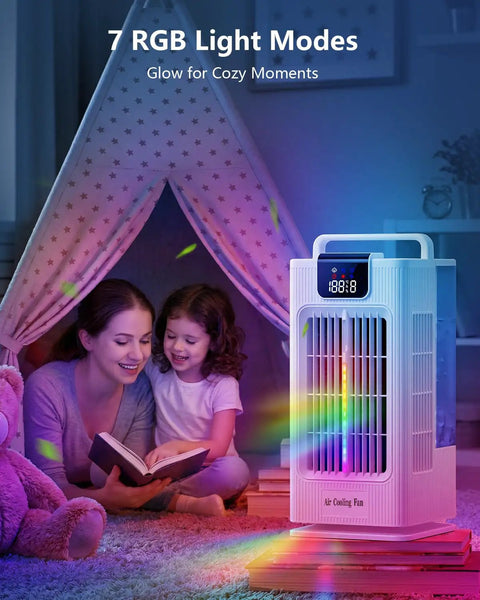 4 In 1 Personal Portable Air Conditioner And Humidifier, Mini Evaporative Cooler Fan with 7 RGB Light Modes next to tent