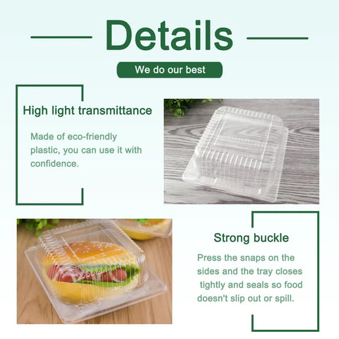 100 Pack Clear Plastic Square Hinged Food Containers With Clear Lids For To Go Meals Clamshell Takeout Trays Perfect For Pastry, Salad And Dessert Storage, Durable Food Grade Plastic, Disposable Convenience displayed on a wooden surface showcasing high light transmittance and strong snap closures.