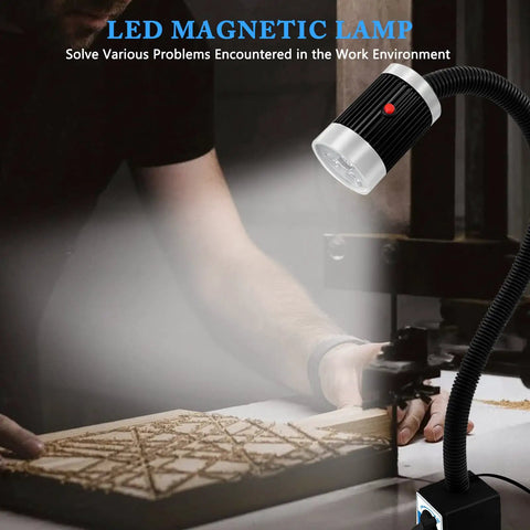 Magnetic Work Light With Flexible Gooseneck LED Lamp in use, illuminating a CNC machine, 900 lumen, heavy duty magnetic base shown