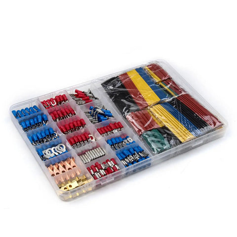 Heavy Duty 678 Piece Crimping Tool Kit With Assorted Cold Press Terminals And Heat Shrink Tubing For Electrical Wiring Projects, organized in a clear container.