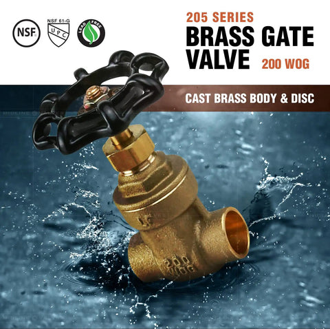 Heavy Duty 1/2 Inch Gate Valve With Sweat Connection In Cast Brass Lead Free Dezincification Resistant Corrosion Resistant Wheel Handle Non Rising Stem NSF ANSI 61 372 Compliant Solder Ends Five Pack
