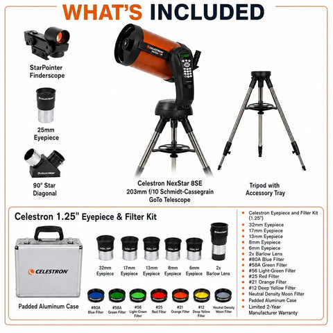 GoTo Telescope Bundle With 8SE Schmidt Cassegrain Computerized NexStar System and eyepiece kit components displayed.