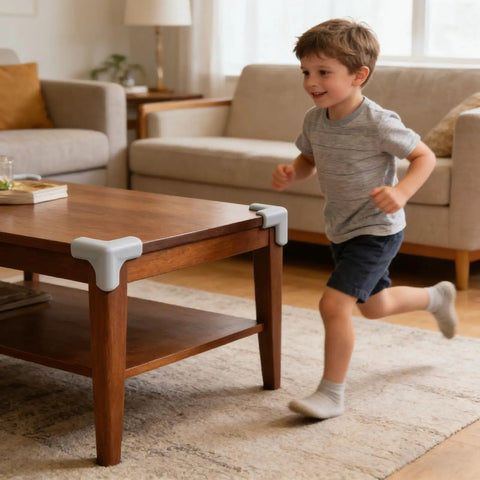 Child running near table with Three-Sided Wrap Table Corner Protectors, No-Drill PVC Self-Adhesive Guards for safety in living room.