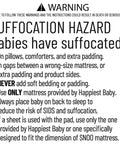 Warning sign with suffocation hazard safety instructions for baby sleep system