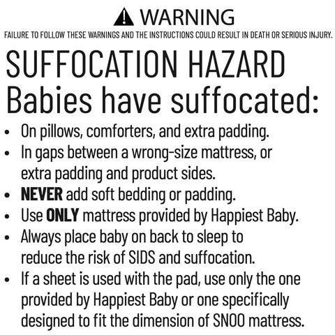 Warning sign with suffocation hazard safety instructions for baby sleep system