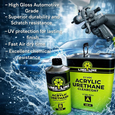 LiME LiNE 2K acrylic urethane clearcoat kit with hardener; lime-green and black bottles with spray gun.