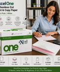 Woman using ExcelOne Carbonless Cut Print and Copy Paper 10 Reams of Letter Size 92 Brightness 21 Lb Weight 2 Part Pink and White