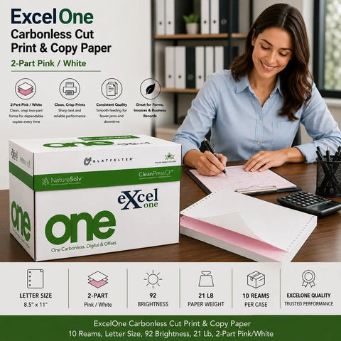 Woman using ExcelOne Carbonless Cut Print and Copy Paper 10 Reams of Letter Size 92 Brightness 21 Lb Weight 2 Part Pink and White
