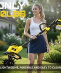Woman holding Cordless Garden Tiller Tool Only For Lawn And Garden 360 RPM Rototiller With 9 Inch Tilling Width And 6.6 Inch Depth