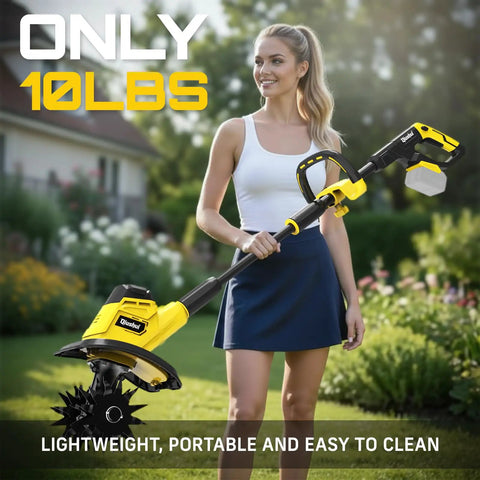Woman holding Cordless Garden Tiller Tool Only For Lawn And Garden 360 RPM Rototiller With 9 Inch Tilling Width And 6.6 Inch Depth