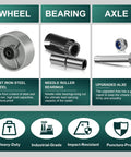 Beefed Up Heavy Duty 5 Inch By 2 Inch Industrial Casters Set Of 4 With Steel Cast Iron Wheel And Roller Bearings 4000 Lbs Capacity Half Inch Bore Replacement Wheels For Platform Trucks, showing cast iron steel wheel, needle roller bearings, and upgraded axle details.