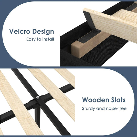 Velcro design for easy installation of the Full Size Platform Bed Frame With Height Adjustable Tufted Upholstered Headboard.