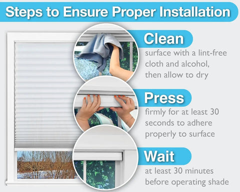 Steps to install Cordless Cellular Shade White Fits 19 To 36 Inch Windows 36W By 64L Light Filtering: clean, press, wait.