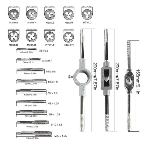 Heavy Duty Multifunction Tap And Die Set 20 Pieces M3 To M12 Metric Plugs Straight Taper Tools For Metalworking Pros And DIY Guys, M3-M12 taps
