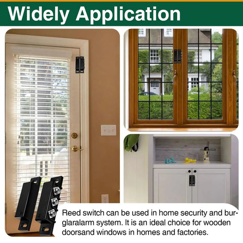 Magnetic Reed Switch NO NC Wired Surface Mount Door Window Contact Sensor for security shown installed on various surfaces.
