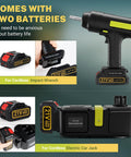 E-HELP 5 Ton Cordless Electric Car Jack Kit With Impact Wrench And Dual Lithium Batteries showing batteries and impact wrench details.