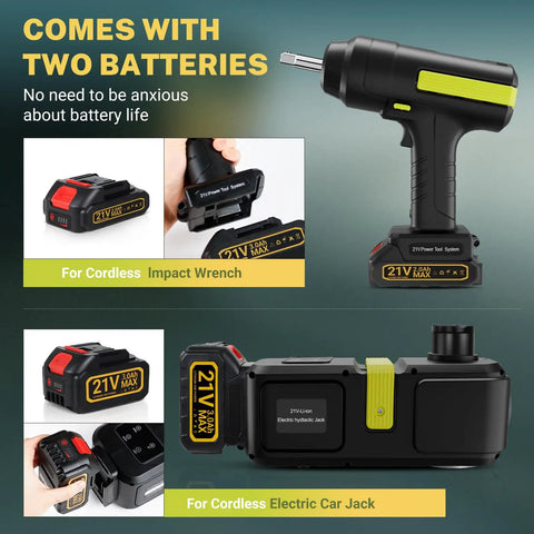 E-HELP 5 Ton Cordless Electric Car Jack Kit With Impact Wrench And Dual Lithium Batteries showing batteries and impact wrench details.
