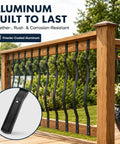 Outdoor railing with 32 And A Quarter Inch Black Curved Aluminum Deck Balusters 25 Pack Includes 100 Screws And 8 Extra Fasteners.