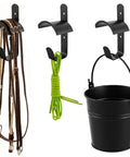 Four Pack Horse Bridle Rack Hooks, Heavy Duty Metal Wall Mount Bridle Holder with ropes and bucket attached