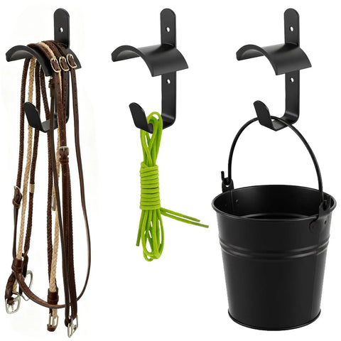 Four Pack Horse Bridle Rack Hooks, Heavy Duty Metal Wall Mount Bridle Holder with ropes and bucket attached
