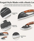 Two Piece Hand Forged Chef Knife And Boning Knife Set With Wooden Handle And Leather Sheath showing forged-style blades, rustic texture
