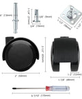 Diagram of Two Inch Caster Wheels Set Of Four With Five Sixteenth Inch Valve Stem And Rotating Top Plate Installation Options, black color.
