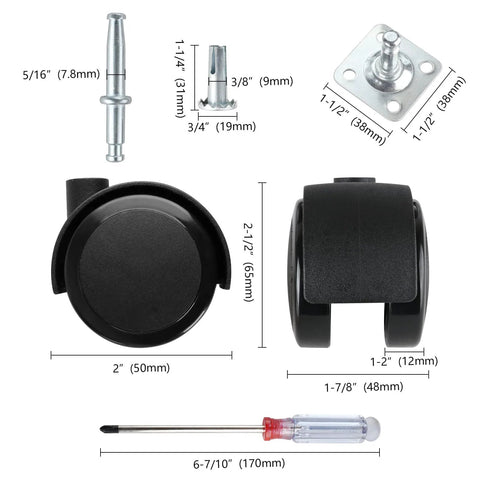 Diagram of Two Inch Caster Wheels Set Of Four With Five Sixteenth Inch Valve Stem And Rotating Top Plate Installation Options, black color.