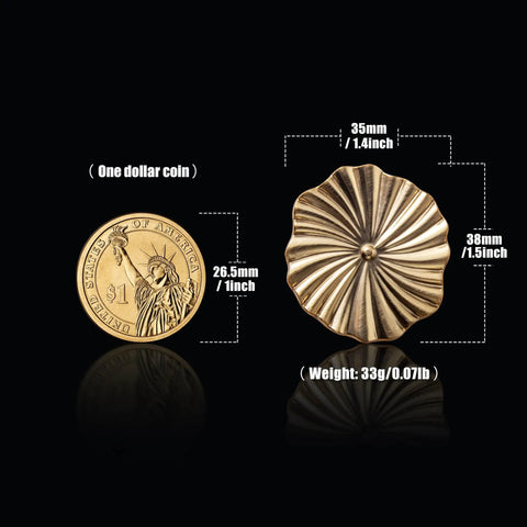 6 Pack Zinc Alloy Drawer Knobs Champagne Bronze Cabinet Knobs With Flower Design shown with dimensions next to a dollar coin