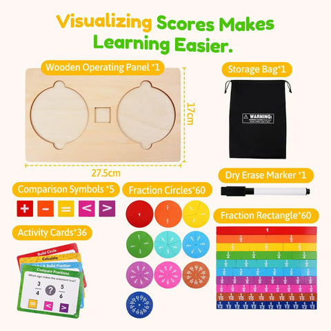 Wooden Fraction Tiles And Circles Set For Kid Friendly Hands On Math Manipulatives with all components displayed.