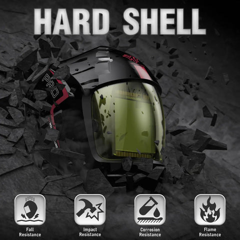 Image of Auto Darkening Welding Helmet with a beefy 3.94 x 3.66 inches viewing window, highlighted for hard shell resistance features.