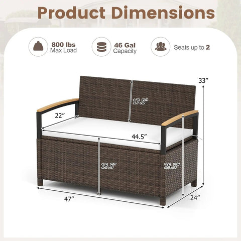 Wicker Outdoor Storage Bench With Hidden 46 Gallon Gas Strut Lift Up Storage, Rattan Deck Box dimensions diagram