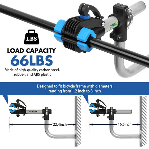 Wall Mount Bike Repair Stand For Road And Mountain Bikes, 66lbs load, detailed view of beefy adjustable clamp in use