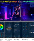 Image showing 2 Pack Corner Floor Lamp With Remote And Smart App Control, Lit Mood Lighting That Syncs To Music in a gym setting with app interface.