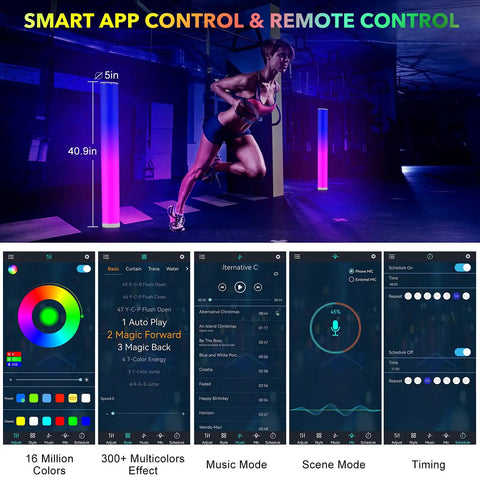Image showing 2 Pack Corner Floor Lamp With Remote And Smart App Control, Lit Mood Lighting That Syncs To Music in a gym setting with app interface.