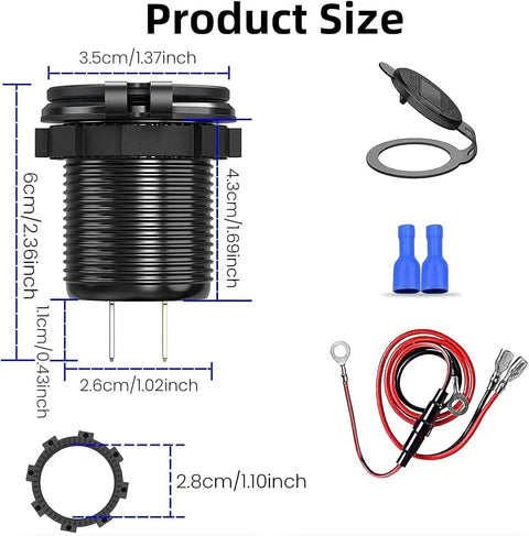 Beefy 12V USB Car Socket With 3 Ports Waterproof Round Aluminum Lighter Outlet size specifications and components