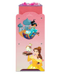 Front view of Disney Princess Six Bin Toy Storage Organizer For Kids with princess graphics, showing vibrant Jasmine and Belle art.