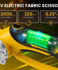4V Cordless Electric Scissors showing battery, cutting speed, and capacity for cutting cardboard, fabric, and leather.