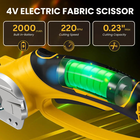 4V Cordless Electric Scissors showing battery, cutting speed, and capacity for cutting cardboard, fabric, and leather.