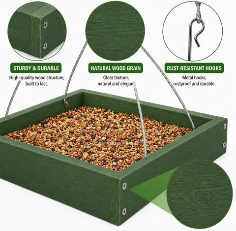 Platform Bird Feeder With Wooden Tray for outdoor gardens and courtyards, featuring durable weather-resistant wood and rust-resistant hooks