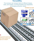 Heavy Duty Conveyor Roller Pulley 32.8 Feet Long Supports 300 Lbs Load transporting a large cardboard box on stainless steel rollers.