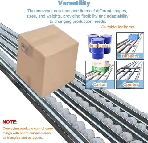Heavy Duty Conveyor Roller Pulley 32.8 Feet Long Supports 300 Lbs Load transporting a large cardboard box on stainless steel rollers.
