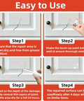 Four-step process showing use of Wood Touch Up Paint 1.5 Oz Quick Dry Black For Fixing Scratches Chips And Spots On Furniture Cabinets