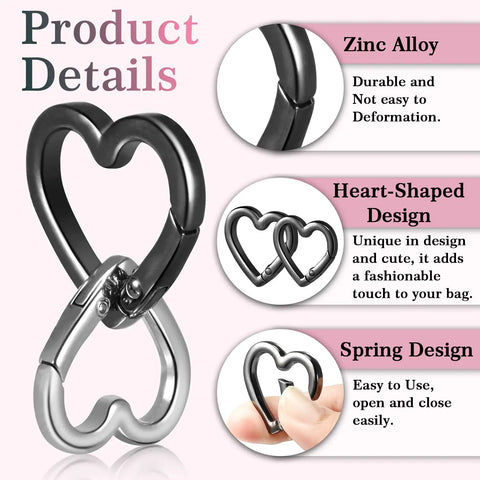 Heart Carabiner Keychain Clips Set In Silver And Black Durable Metal Spring Rings For Purses And Bags product details