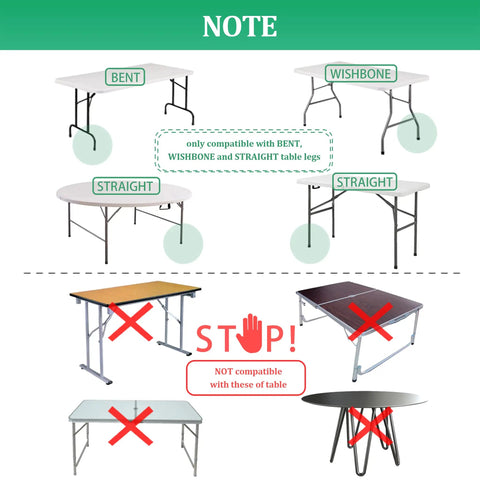 Compatibility guide for Heavy Duty Folding Table Risers 8 Pack Adjustable Leg Extenders for straight and bent legs.