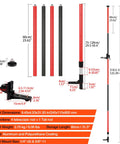 Diagram of Telescoping Laser Level Pole Workhorse With Adjustable 12.7 Ft Reach Universal Mount Adapters, dimensions and parts labeled